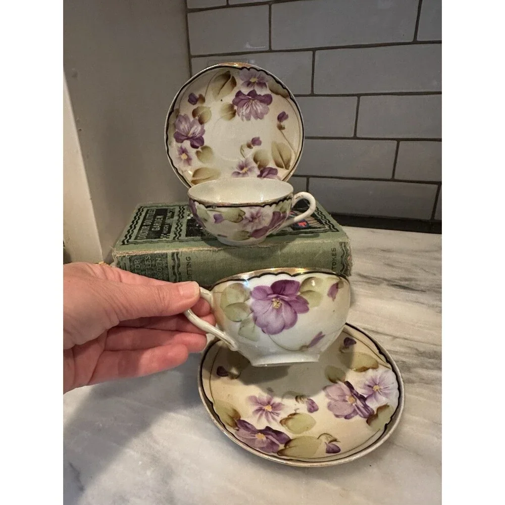 Vtg Nippon Porcelain 2 Tea Cups & Saucer Set Purple Violet Floral with Gold Trim
